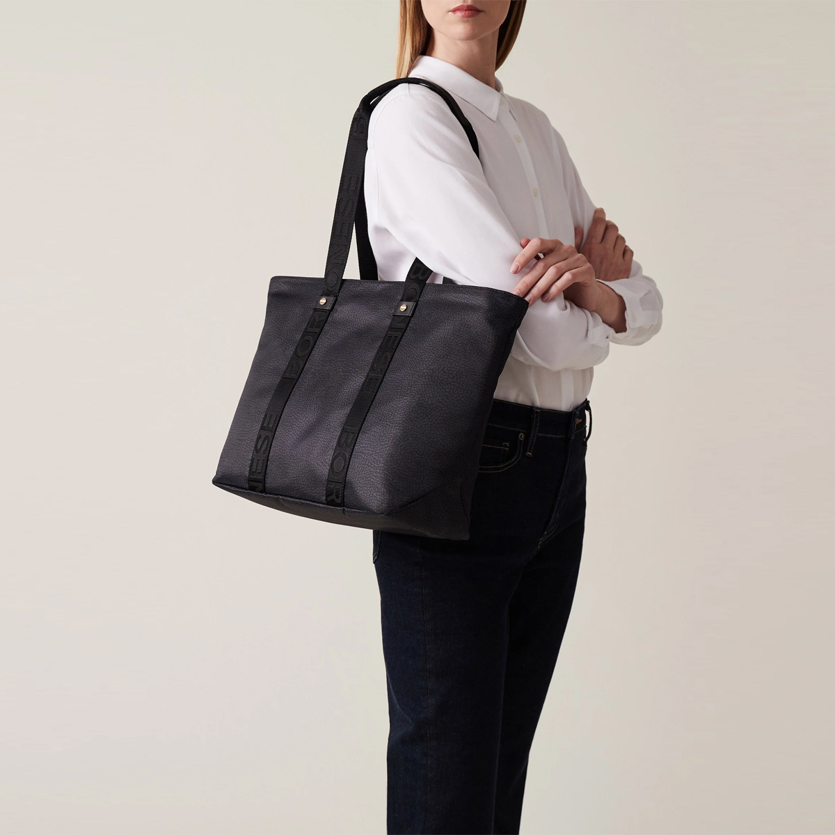 Borbonese Shopper Eco Line Medium Dark Black - 2 Borbonese Shopper Eco Line Medium Dark Black - 2