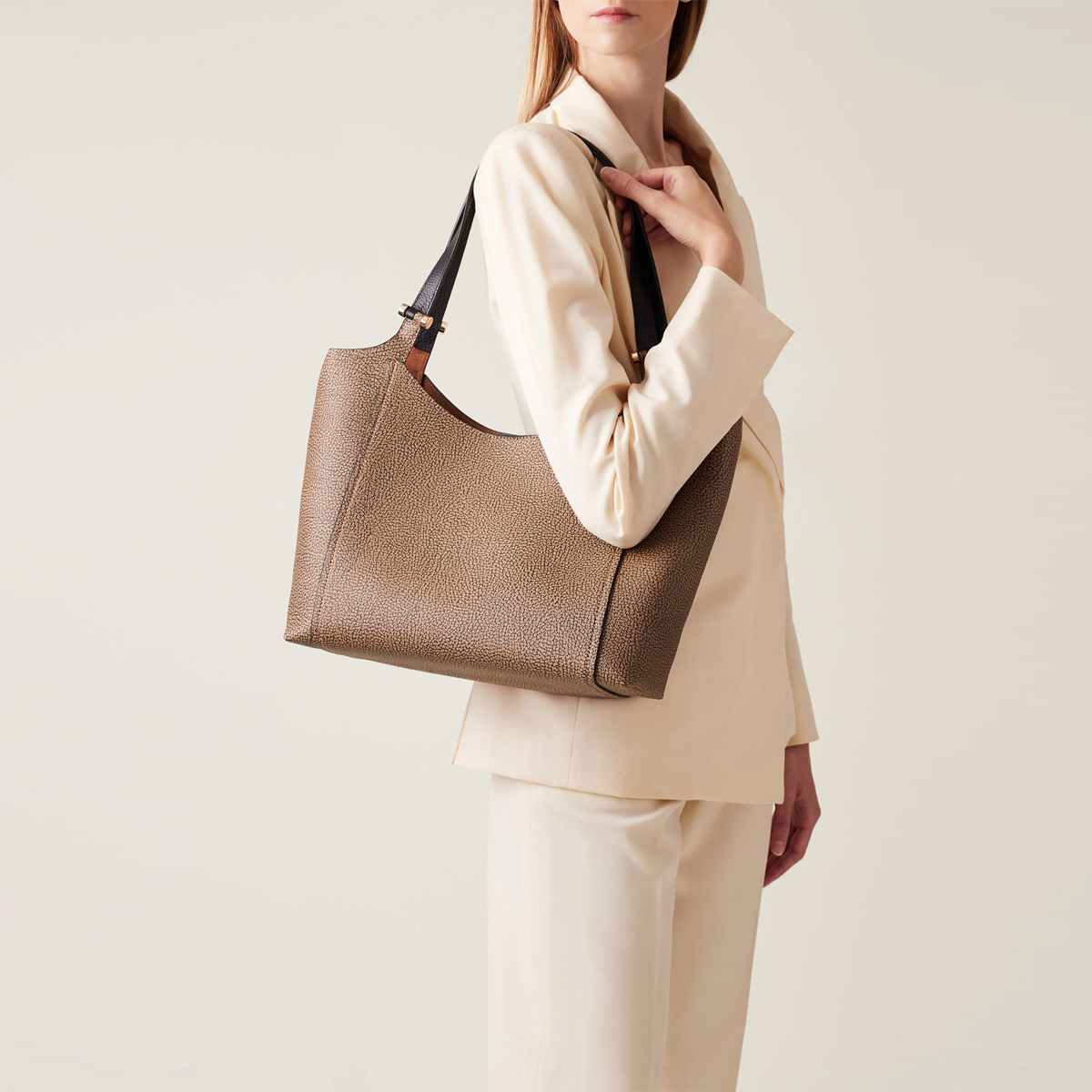 Borbonese Borsa a spalla Bolt Shopper Medium OP Naturale Nero - 2