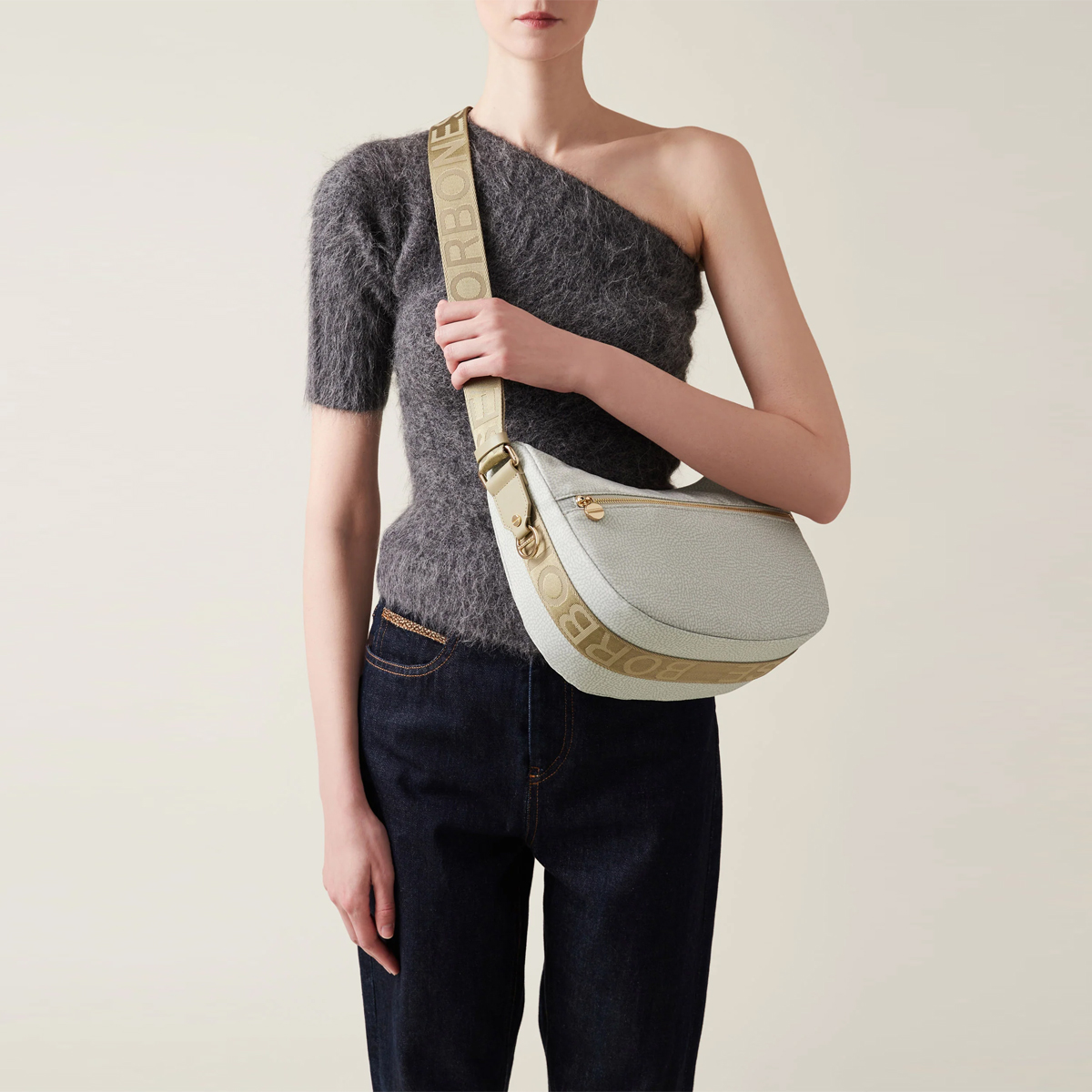 Borbonese Luna Small Kaki Recycled Nylon Bag with pocket - 2 Borbonese Luna Small Kaki Recycled Nylon Bag with pocket - 2