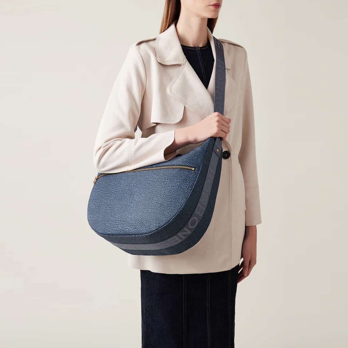 Borbonese Luna Medium Denim Recycled Nylon Bag with pocket - 2