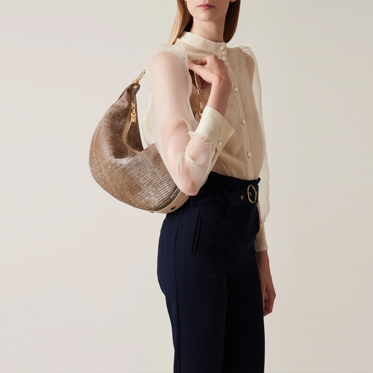 Borbonese Hobo Bag Oyster Medium in pelle Porridge - 5