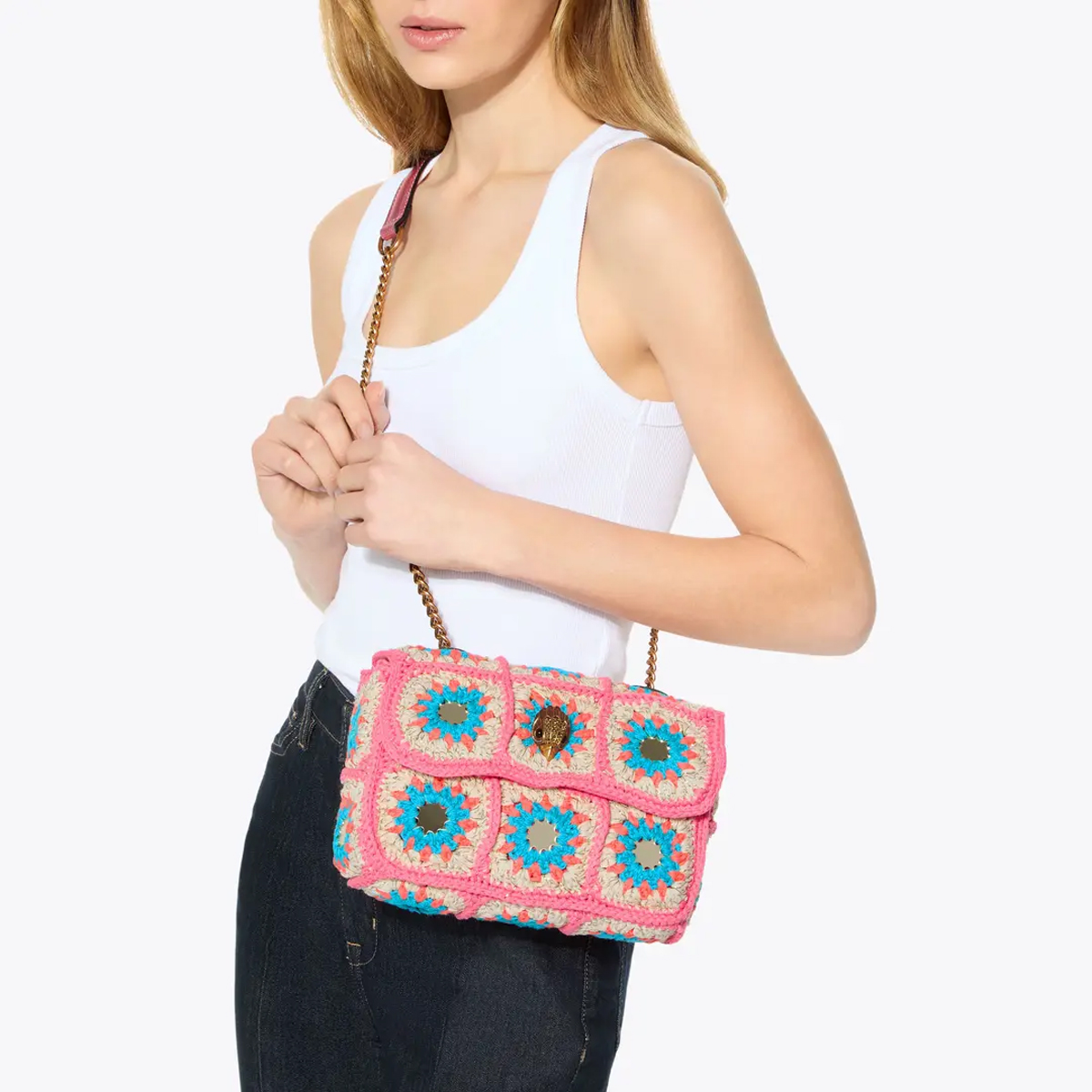 Kurt Geiger Tracolla Medium Kensington Bag Crochet Pink Comb - 2 Kurt Geiger Tracolla Medium Kensington Bag Crochet Pink Comb - 2